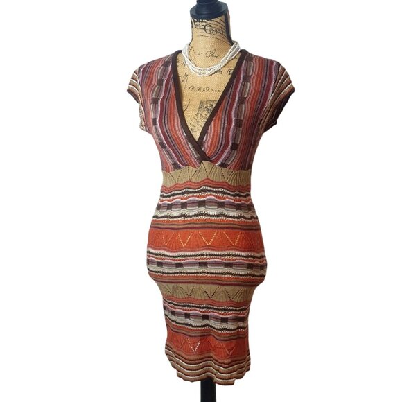 VTG Knit Minded Womens Knit Dress M Nature Multicolor Striped V-Neck Stretchy - Picture 1 of 8